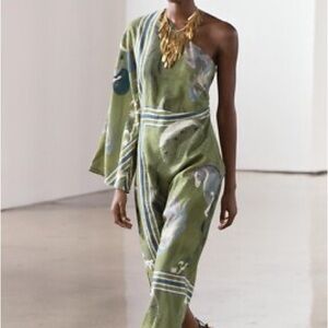 Zara Olive & Light Blue One-Shoulder Asymmetrical dress